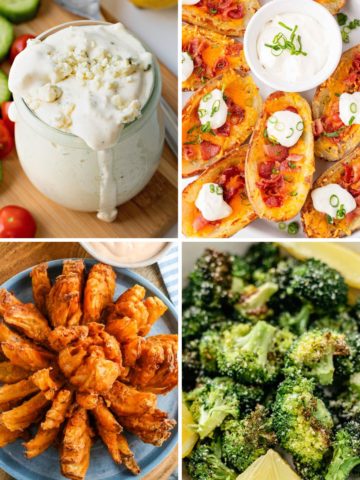 a four photo collage of blue cheese dressing recipe, loaded potato skins, blooming onion, and roasted air fryer broccoli that says 23 best buffalo chicken sides recipes
