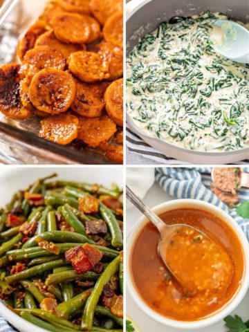cajun chicken sides collage with candied yams, green beans with bacon, creamed spinach, and cajun garlic butter sauce.