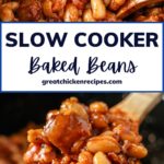A mouthwatering display of Slow Cooker Baked Beans, capturing the essence of savory no sugar-added bacon, diced yellow onions, cannellini beans, and a medley of flavorful ingredients, promising a deliciously slow-cooked dish