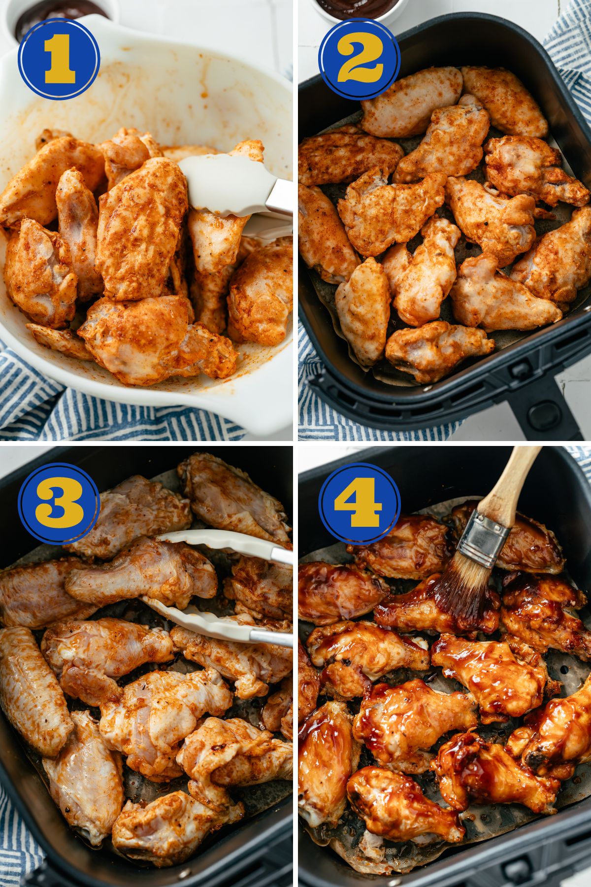 photo collage showing how to make individually frozen chicken wings in the air fryer in 4 steps