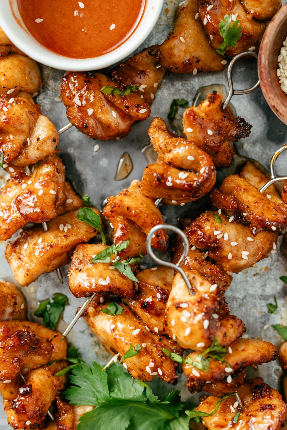 Juicy chicken skewers cooked to perfection in an air fryer with a golden-brown exterior.