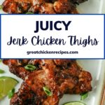 Juicy air-fried jerk chicken thighs, coated in flavorful spices and surrounded by fresh lime slices