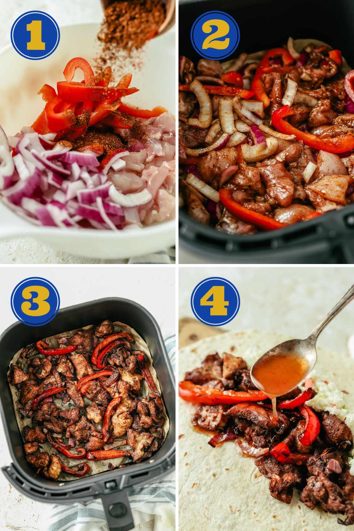 a photo collage of the four main steps to make a Jerk Chicken Wrap using an air fryer